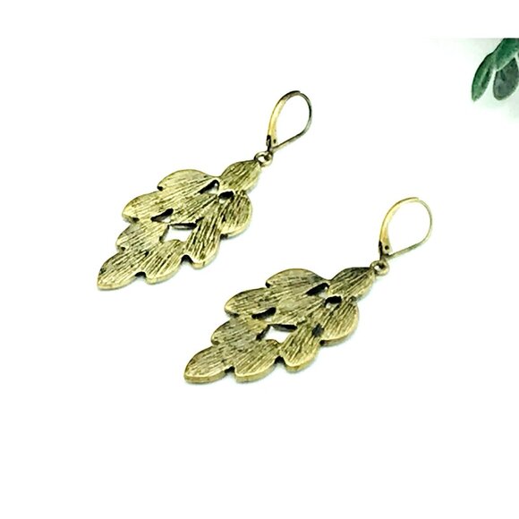 Vintage-Style Brass & Blue Leaf Drop Earrings With Leverback Closure - Picture 3 of 5